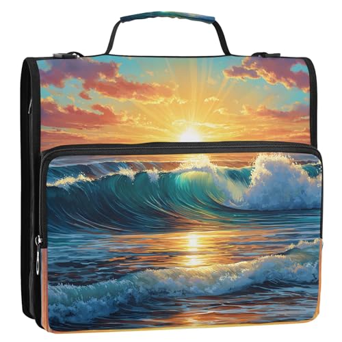 3 Ring Zipper Binder Ocean Wave Sunset Beach Binders Bag with Shoulder Strap 500 Sheets Paper Organizer Trapper Keeper Documents Storage File Folder for School Office - color: A494