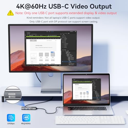 USB C Video Output Hub, 3 USB-C & 2 USB-A 3.2 10Gbps Ports, 4K@60Hz HDMI, 100W PD, SD/TF, USBC Splitter Dual Monitor Adapter for MacBook Pro/Air, iMac, iPad Pro, XPS, Surface, Galaxy S22,Samsung DEX