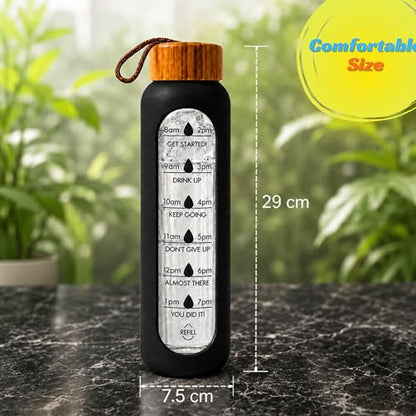 1 Litre Borosilicate Glass Water Bottle, Motivational Hydration Tracker Bottle with Bamboo Lid, Protective Silicone Sleeve | Reusable Bottle, Leak-Proof, BPA-Free, Time Marker, Black - color: Black