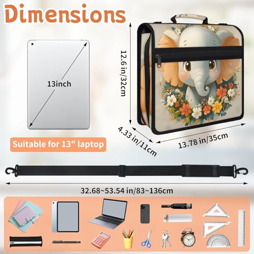 Cute Elephant Animal Zipper Binder, 3 D-Ring Expanding File Folder with Handle & Adjustable Shoulder Strap, 400 Sheets Capacity Multi-Pocket Organizer for 13 Inch Laptop - color: Cute Elephant Animal