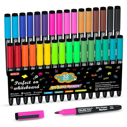 Shuttle Art Dry Erase Markers, 32 Pack 16 Colors Magnetic Whiteboard Markers with Erase, Fine Point Dry Erase Markers Perfect For Writing on Whiteboards,Mirrors for School Office Home - color: 16 Colors 32Pack Magnetic