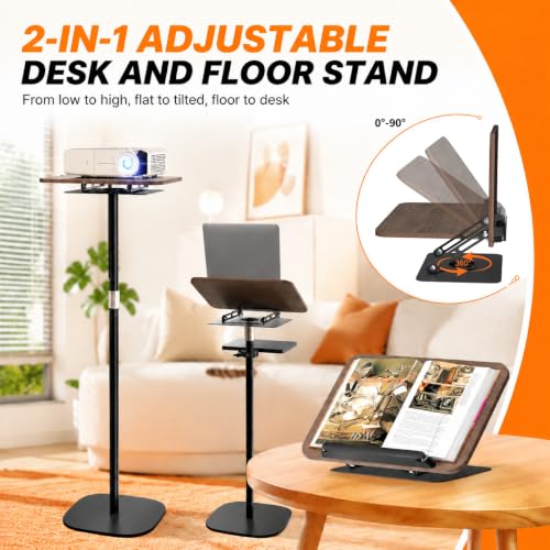 2-in-1 Adjustable Floor Book Stand & Laptop Holder | Detachable Desktop & Floor Use, 35"-62" Height Adjustable, Anti-Topple Heavy Base, 360° Swivel Panel, Hands-Free Reading
