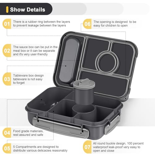 Amathley Bento Box Adult Lunch Box Kids,Lunch Containers for Adults/Kids/Toddler,5 Compartments Bento Lunch Box with Sauce Vontainers,Microwave & Dishwasher & Freezer Safe,BPA-Free (Dark Gray) - color: Dark Gray