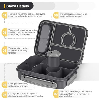 Amathley Bento Box Adult Lunch Box Kids,Lunch Containers for Adults/Kids/Toddler,5 Compartments Bento Lunch Box with Sauce Vontainers,Microwave & Dishwasher & Freezer Safe,BPA-Free (Dark Gray) - color: Dark Gray
