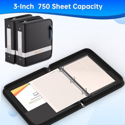 ENGPOW 3 Ring Binder,Fireproof 3 Inch D Ring Binder with Zipper,Holds 750 Sheets,Non-Stick,PVC-Free,Compatible with Clear Sheet Protectors,Portable School Office Home Safe Storage for Paper,Black - size: 3 inch