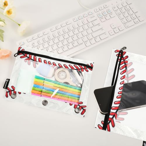 Pencil Pouch 3 Ring Baseball Lace Red Stitches Zipper Pencil Pouches Case Binder Cosmetic Bag 2 Pack for Office School College Supplies - color: Baseball Lace Red Stitches