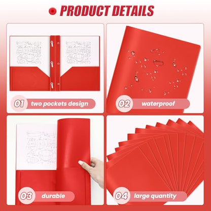 Yeaqee 60 Pcs Red Plastic Folders with Pockets and Prongs Plastic Folder 2 Pockets 3 Prongs with Card Slot for Office, School for Students, Teachers, Office Workers - color: Red