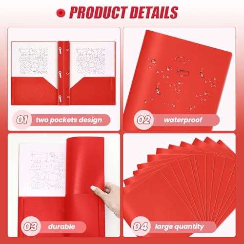 Yeaqee 150 Pack Plastic Folders with Prongs Heavy Duty Plastic 2 Pocket Folder with 3 Prongs, Business Card Slot for Back to School Office Home 11.6 x 9.5 Inch (Red) - color: Red