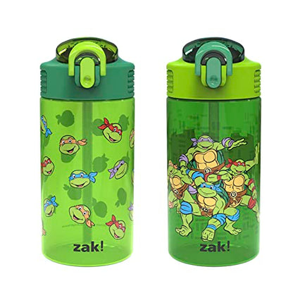 Zak Designs Teenage Mutant Ninja Turtles Kids Water Bottle For School or Travel, 16oz 2-Pack Durable Plastic Water Bottle With Straw, Handle, and Leak-Proof, Pop-Up Spout Cover (TMNT) - color: Teenage Mutant Ninja Turtles
