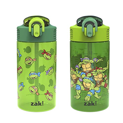 Zak Designs Teenage Mutant Ninja Turtles Kids Water Bottle For School or Travel, 16oz 2-Pack Durable Plastic Water Bottle With Straw, Handle, and Leak-Proof, Pop-Up Spout Cover (TMNT) - color: Teenage Mutant Ninja Turtles