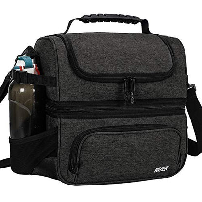 MIER Lunch Box for Men Dual Compartment Adult Lunch Bag for Work, Dark Grey | Leakproof & Insulated; Lunchbox Cooler Tote with Side Bottle Holder; Detachable Shoulder Strap with Pad; Multi-Pockets - color: Dark Gray