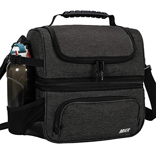 MIER Lunch Box for Men Dual Compartment Adult Lunch Bag for Work, Dark Grey | Leakproof & Insulated; Lunchbox Cooler Tote with Side Bottle Holder; Detachable Shoulder Strap with Pad; Multi-Pockets - color: Dark Gray