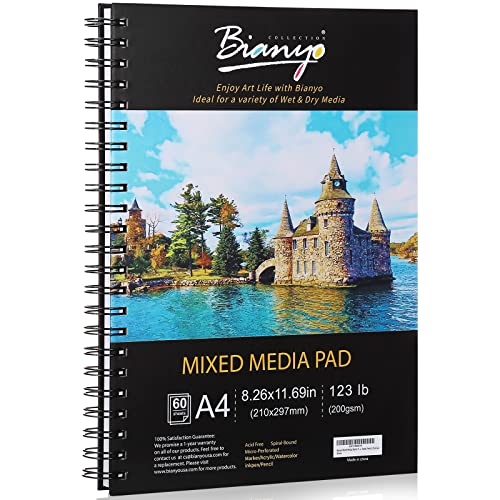 Bianyo Mixed Media Paper Pad, A4 (8.26" X 11.69"), 60 Sheets/Each, 123 LB/200 GSM, Pack of 1 Pad, Spiral-Bound Pad, Ideal for Wet & Dry Media Like Art Marker, Watercolor, Acrylic, Pastel, Pencil - size: A4(8.26*11.69"), 60 sheets