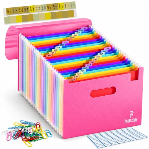 Accordion File Organizer, 26 Pockets Expanding Accordion Folder, A4 Letter Size Filing Organizer with Colorful Tabs, Elastic Cord, 60 Paper Clips, Labels & Stickers for Office (Pink) - color: Pink