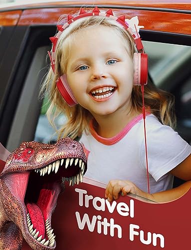 SIMJAR Dinosaur Kids Headphones with Microphone for School, Volume Limiter 85/94dB, Over-Ear Girls Boys Headphone for Kids with Foldable Wired Headphones for iPad/Travel (Red) - color: Red Dinosaur