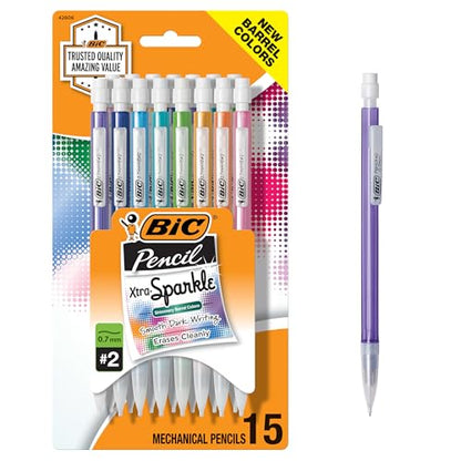 BIC Xtra-Sparkle Number 2 Mechanical Pencils With Erasers, Medium Point (0.7mm), 15-Count Pack, Cute Mechanical Pencils for Girls, Boys and Adults (Barrel Colors May Vary)