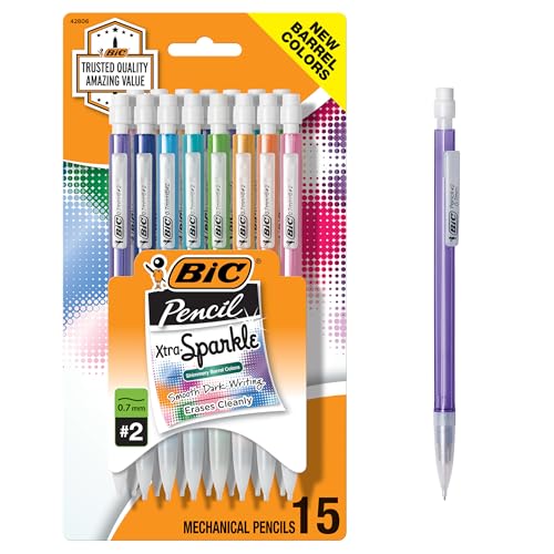 BIC Xtra-Sparkle Number 2 Mechanical Pencils With Erasers, Medium Point (0.7mm), 15-Count Pack, Cute Mechanical Pencils for Girls, Boys and Adults (Barrel Colors May Vary)