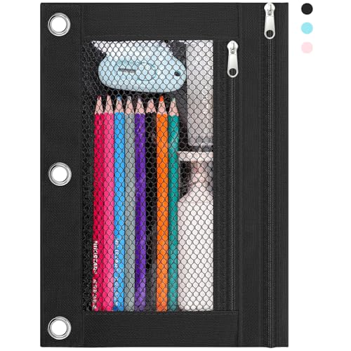 KONVINIT Pencil Pouch for 3 Ring Binder, Zipper Binder Pencil Pouch, Durable Cloth Pencil Case with 2 Pockets, Mesh Window Pencil Case Pouch for School Supplies, Cables, Earbuds, Makeup, Black - color: Black, size: 1Pack