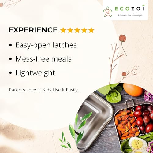 ecozoi Stainless Steel Lunch Box for Kids and Adults with 50 ml Sauce Container, 1-Tier Metal Bento Box Leak Proof with 5 Compartments, 50 Oz Metal Lunch Container, Meal Prep Food Container, - size: 3 Compartment 24 Oz