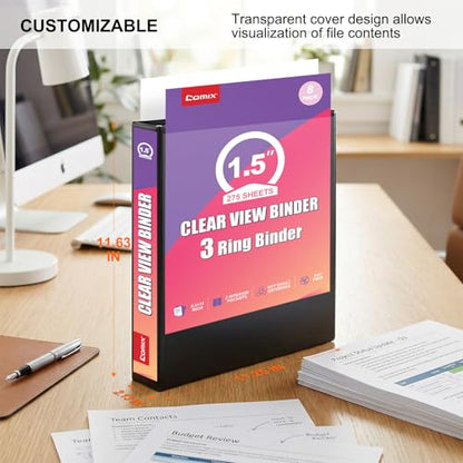 Comix Durable 1.5 Inch 3 Ring Binder with Clear Cover, 1.5" Round View Binder with 2 Interior Pockets, 300 Sheets Capacity of US Letter Size Paper, PVC-Free, Office School Supplies, 8 Pack (Black) - color: Black, size: 1.5 inch, style: 8 Pack