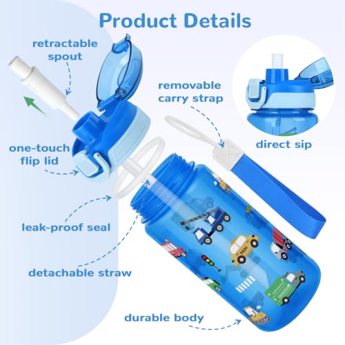 20oz 2 in 1 Removable Straw and Spout Kids Water Bottle with Pop-Up Lid & Lock, BPA-Free, Plastic Sports Water Bottle, Handle Strap, Dishwasher Safe, Boys & Girls, Transportation