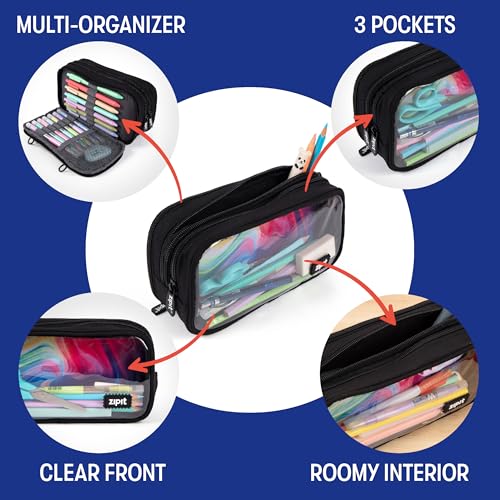 ZIPIT Half & Half Pencil Case, 3 Compartment Zipper Pouch for School, Stationery Bag for Teen Girls Boys and Adults, Black - color: Black Glow