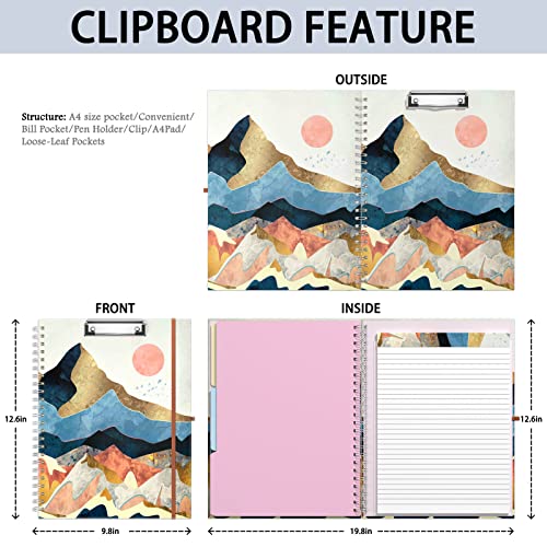 Rimilak Spiral Clipboard Folio with Refillable Lined Notepad, 14.5 x 9.8 In, Hardcover Cover with 5 Interior Pockets, Elastic Band and Pen Loop Series. Cute Stylish Clipfolio, Watercolor Sunset - color: Watercolor Sunset