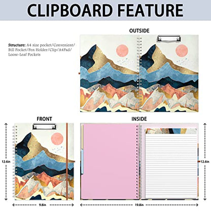 Rimilak Spiral Clipboard Folio with Refillable Lined Notepad, 14.5 x 9.8 In, Hardcover Cover with 5 Interior Pockets, Elastic Band and Pen Loop Series. Cute Stylish Clipfolio, Watercolor Sunset - color: Watercolor Sunset