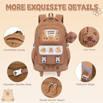 Capybara Rolling Backpack for Girls - 3PCS Girls Backpack Kids Suitcase with Lunch Box & Pencil Case Travel - Capybara Backpack with Wheels for Kindergarten Preschool Elementary (Brown) - color: Brown