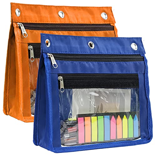 YoeeJob 2 Pack 1 Inch Expandable Zipper Pencil Pouches with Clear Window for 3 Ring Binder, Suitable for School & Office (Orange+Blue) - color: Blue+Orange