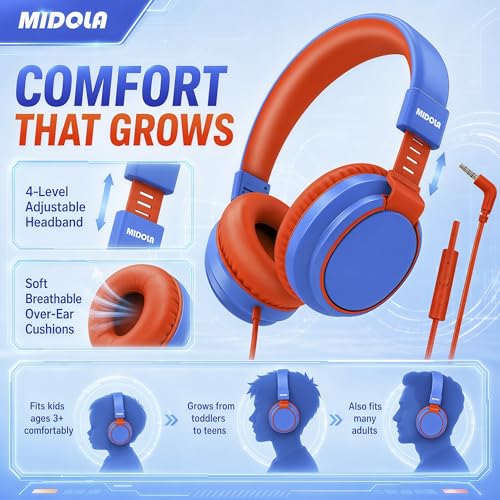 MIDOLA Kids Headphones for School Learning,Volume Limited 85/94dB, Foldable Lightweight Over-Ear Wired Headphones for Kids Toddler Girls Boys 3.5mm for Pad,Headsets with Built-in Mic Blue - color: Blue