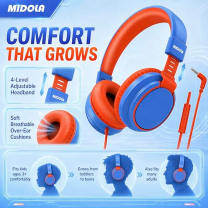 MIDOLA Kids Headphones for School Learning,Volume Limited 85/94dB, Foldable Lightweight Over-Ear Wired Headphones for Kids Toddler Girls Boys 3.5mm for Pad,Headsets with Built-in Mic Blue - color: Blue