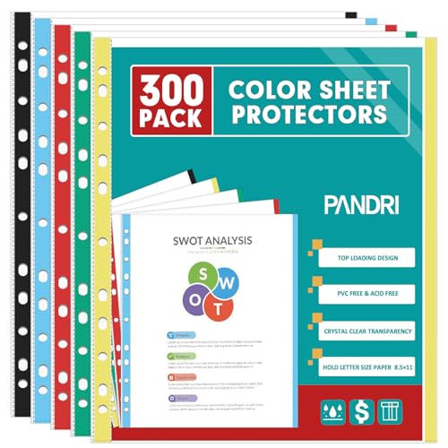 Sheet Protectors, PANDRI 300 Pack Color Heavy Duty Plastic Page Protectors Sheet Reinforced 11-Hole Fit for 3 Ring Binder Fits Standard 8.5 x 11 Paper, 9.25 x 11.25 Top Loaded, Acid Free - size: 300 PACK