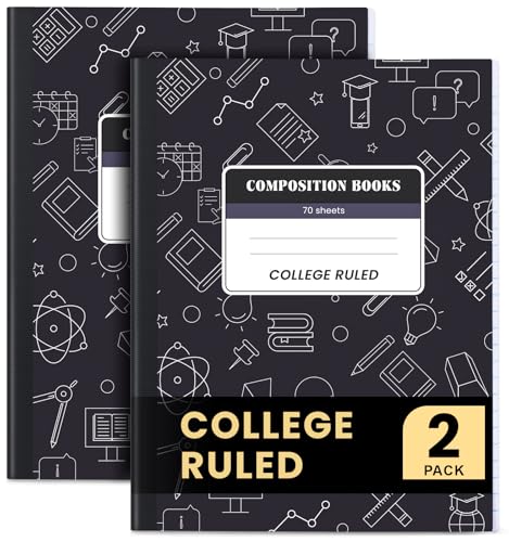 Oucaru Composition Notebook 2 Pack College Ruled, Black Cover Notebooks for School, 70 Sheets 7-1/2"x9-3/4, Back to School Supplies Journal for K-12 Students - color: Black, size: 2 Pack