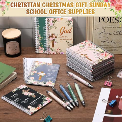 24 Sets Christian Notepads Bible Pens Sets Bulk - Classroom Office Church Religious Gifts - Spiral Thickened Bible Verse Notepad Pens for School Teacher Coworker (Floral Cross) - style: Floral Cross