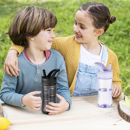 14oz Clear Kids Water Bottle with Straw Lid, BPA-Free Tritan, Measurement Scale, Sturdy Handle Wide Mouth Leak-proof Reusable Plastic Bottle for Boy& Girls, Back to School(Black) - color: Black