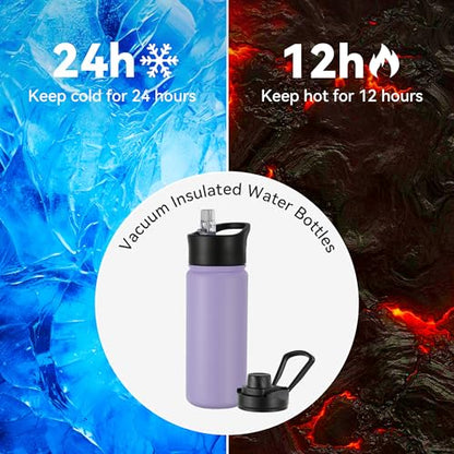 16 oz Insulated Water Bottle with Straw Lids, Stainless Steel Kids Water Bottles for School, Double Wall Vacuum Metal Water Bottle with Straw & Wide Mouth Lid, Lavender 1 Pack - color: Lavender, size: 16 Ounces