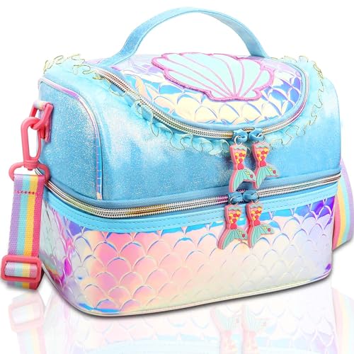 RHCPFOVR Kids Lunch Bag - Double - Decker Cooler Insulated Lunch Box for Boys Girls Women,Washable Lunch Bag with Strap and Reusable Toddler Lunchbox for School and Daycare - color: Blue Mermaid