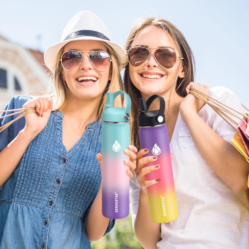 SENDESTAR Water Bottle 40oz Double Wall Vacuum Insulated Leak Proof Stainless Steel Sports Water Bottle—Wide Mouth with New Flex Straw Lid & Spout Lid (Day&Night) - color: Day&Night-A, size: 40 Ounces