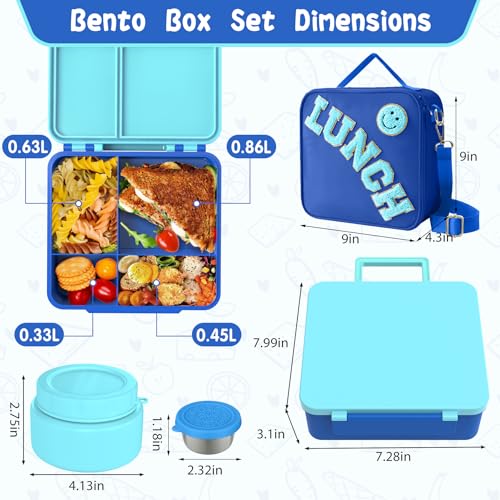 Aimsnk Kids Lunch Box with Thermo Insulated Lunch Bag for School, Blue | Kids Bento Lunch Box with 8oz Food Jar, Leak Proof Hot Soup Lunch Containers with 4 Compartment, Warm Lunchbox for Toddler - color: Blue