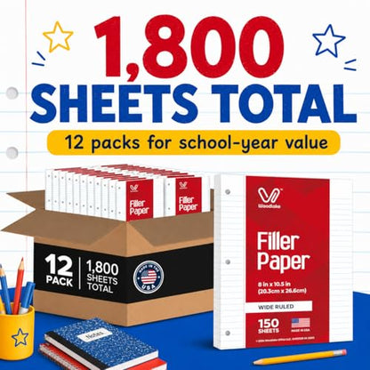 Woodlake Loose Leaf Paper Bulk, Wide Ruled Notebook Paper, 8 x 10.5 Inch Filler Paper, 3-Hole Punched Lined Binder Paper, 60 GSM, 150 Sheets/Pack, 1,800 Sheets Total, Made in USA for School & Office - color: Wide Ruled, size: 12 PACK(1800 SHEETS)