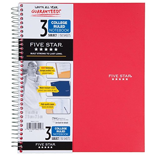 Five Star 06210 Wirebound 3-Subject Notebook, College Rule, 11 x 8 1/2, 150 Sheets, Assorted (Pack of 2) - size: 150 (Pack of 2)