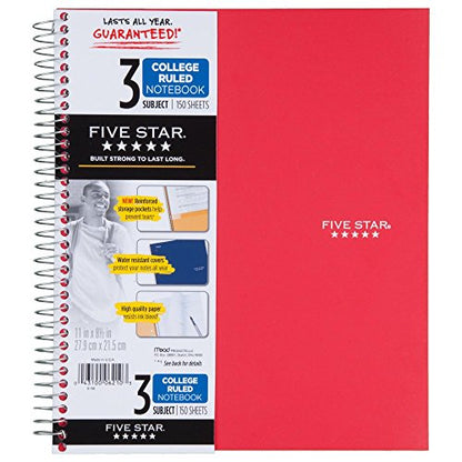 Five Star 06210 Wirebound 3-Subject Notebook, College Rule, 11 x 8 1/2, 150 Sheets, Assorted (Pack of 2) - size: 150 (Pack of 2)