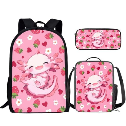 Axolotl Strawberry Kids Backpack Set Girls 3 PCS Kids Backpack with Lunch Bag Pen Bag Set Large Capacity Bookbag Casual Daypack Elementary School Boys and Girls - color: Cute Axolotl Strawberry