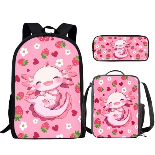 Axolotl Strawberry Kids Backpack Set Girls 3 PCS Kids Backpack with Lunch Bag Pen Bag Set Large Capacity Bookbag Casual Daypack Elementary School Boys and Girls - color: Cute Axolotl Strawberry