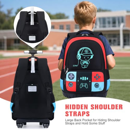 Bevalsa Rolling Backpack for Boys,Cool Luminous Gamer Roller School Backpacks with Lunch Box & Pencil Case,Kids Wheeled Schoolbag Bookbag with Wheels for Kindergarten Elementary School Travel - color: Red Blue