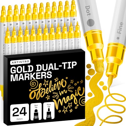 ARTISTRO Gold Dual-Tip Acrylic Paint Marker Pens - Set of 24 | Dot & Fine Tips for Fabric, Rock, Glass, Wood, & Coloring Books, Arts & Crafts Gift, Classroom Must Haves & School Supplies - style: Gold