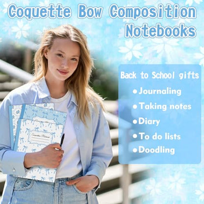 6 Pack Blue Bow Composition Notebooks, Preppy Cute Coquette Notebook,110 Page 9-3/4 x 7-1/2" Aesthetic College Ruled Journal Back to School Gifts First Day of School Favors for Teachers - color: Blue