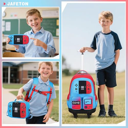 Jafeton Rolling Backpack for Boys, 3 PCS Gamer Boy Backpack Set with Lunch Box & Pencil Pouch, Roller Wheels School bag for Boys Kids Teens, Elementary Middle School, Kids Bookbag Casual Daypack - color: Red Blue