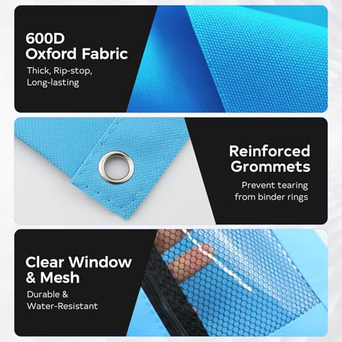 3 Ring Pencil Pouch for Binder, 2-Pocket Zipper Pencil Case with Clear Window & Mesh Pocket, 600D Oxford Fabric Binder Pouch for School Office Supplies, Fits Standard 3-Ring Binders, Sky Blue - color: Sky Blue